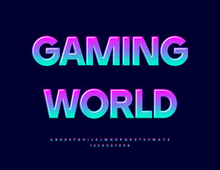 Vector Modern template Gaming World. Glossy Gradient Font. Bright Uppercase Alphabet Letters, Numbers and Symbols set