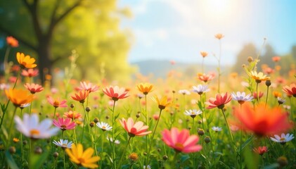 A vibrant, sun-drenched field of wildflowers swaying gently in the breeze, embodying pure joy and serenity Perfect for concepts of peace, contentment, and blissful moments in nature , field, happy