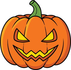 Scary jack-o’-lantern pumpkin with glowing face, spooky Halloween cartoon design, creepy festive artwork, seasonal vector illustration, cad drawing flat vector illustration