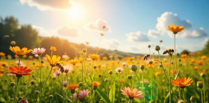 A vibrant sun shines on a field of wildflowers, buzzing with bees; a joyful scene of pure, unadulterated happiness and summer bliss , sunshine, serene, sun