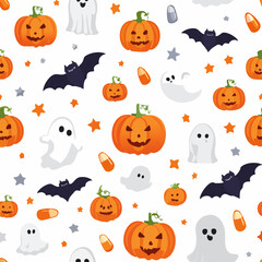 Naklejka premium A seamless Halloween pattern with pumpkins, ghosts, bats, and candy corn on a white background.