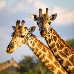 Fototapeta premium Two majestic giraffes gaze intently. Their long necks and patterned hides are captured in warm light. The background suggests a natural habitat