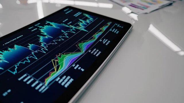 Touching tablet displaying finance chart. Business analyst and investor review data and analytics. Trader points at chart during meeting. Investment choices guided by clear visuals. Team review now.