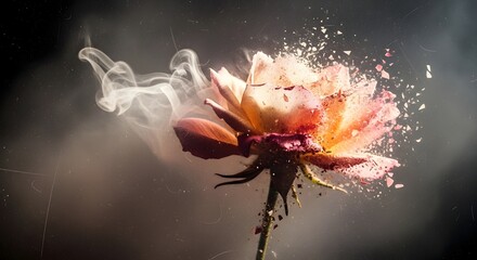 A vibrant orange and pink rose exploding into dust and smoke