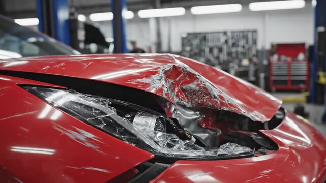 The video shows the front of a bright red car located in the foreground. The main object is the damaged front bumper and hood of the car, which has significant dents and cracks, especially around the 