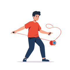 a boy playing yoyo, focused expression, red yoyo string creating loops