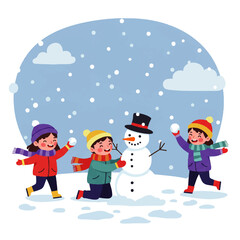 Naklejka premium Happy Children Playing in Winter Snow Building a Snowman.
