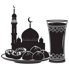 Iftar scene with mosque, dates, sweets, and drink, symbolizing ramadan celebration isolated on white background