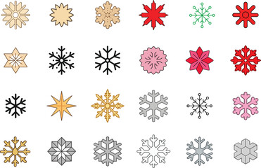 Collection of diverse snowflake designs isolated on transparent background