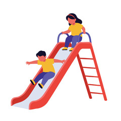 illustration of children playing on a slide, one sliding down, one waiting on top, wearing bright clothes