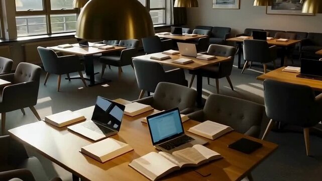 University study lounge with open seating, wooden tables, and modern lighting
