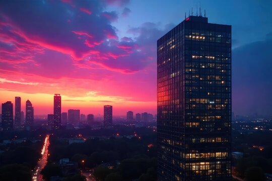 Modern office building silhouetted against a vibrant dusk sky, city lights beginning to twinkle Perfect for corporate, real estate, and architectural projects , steel, high rise, business