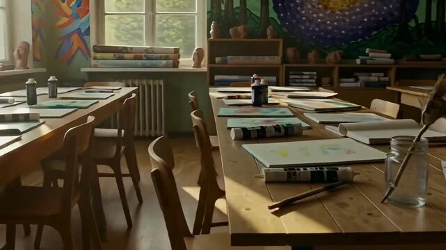 Art classroom with open tables, colorful walls, and creative atmosphere