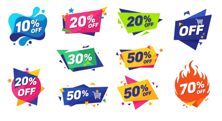 set of discount labels modern promotion badges collection, vibrant shopping tags typography, isolated on white background