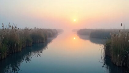Serene marsh landscape at dawn, mist hangs low over still water reflecting the pale sky, reeds sway gently in the breeze A tranquil scene of untouched nature , ecology, reflection
