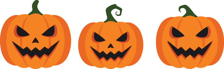 Three carved Halloween pumpkins with spooky faces, jack-o’-lantern expressions, festive autumn decoration design, scary cartoon artwork, cad drawing flat vector illustration