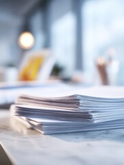 Stack of Documents: An array of important papers is stacked on a pristine table. Documents stand as a testament to diligent work, ready to be reviewed and completed.