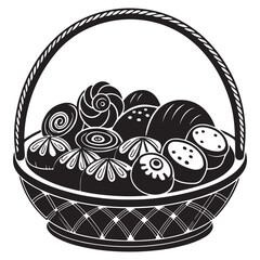 A delightful basket isolated on white background filled with an assortment of pastries and sweet treats in monochrome