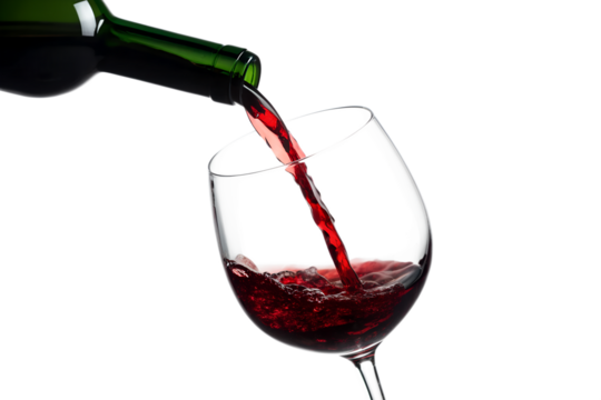 Witness the luxurious cascade of deep red wine gracefully pouring from a classic green bottle into a crystal glass, evoking an atmosphere of refined sensory delight and elegant celebration