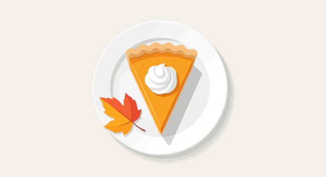 A mouth-watering flat design illustration of a classic pumpkin pie slice with whipped cream, perfect for depicting Thanksgiving desserts. The clean, modern aesthetic highlights this festive treat.