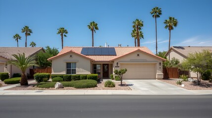 Fototapeta premium A charming single family home with a well maintained lawn lush green landscaping and solar panels on the roof under a bright blue sky with palm trees