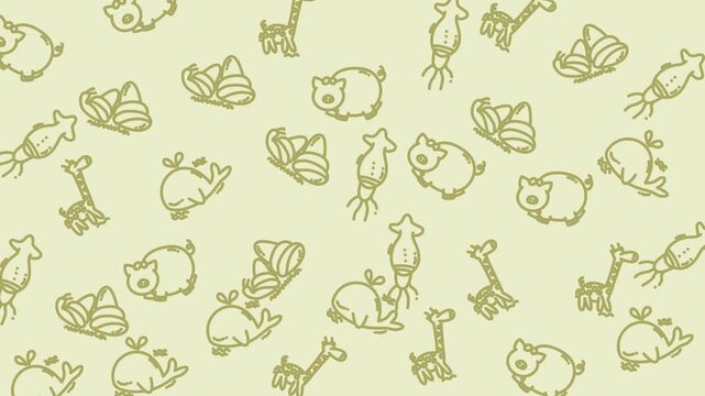 Cute Animal Doodle Pattern on Light Green Background.