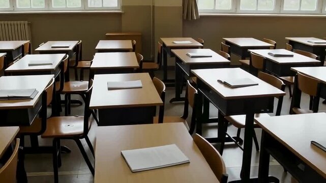 Study hall with individual desks, neutral tones, and bright windows