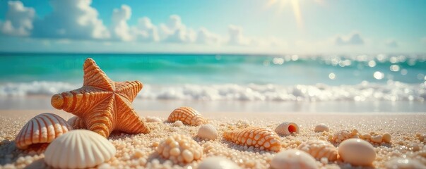 Sun-drenched coastal scene with scattered seashells and a vibrant, salty summer atmosphere The perfect image for travel, vacation, or summer themes Relaxing ocean vibes , sky, summer, sand