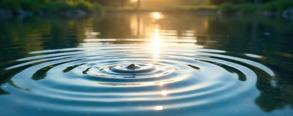 Serene ripples spreading across a calm pond surface, sunlight reflecting on the gentle waves Perfect for nature, tranquility, and serenity themes , water texture, outdoor