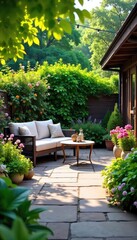 Serene patio garden scene, lush greenery, blooming flowers, comfortable seating, natural stone, outdoor living space, perfect for relaxation and entertaining , stone, plants