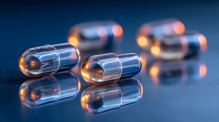 Transparent capsules with glowing orange interiors rest on a reflective surface.