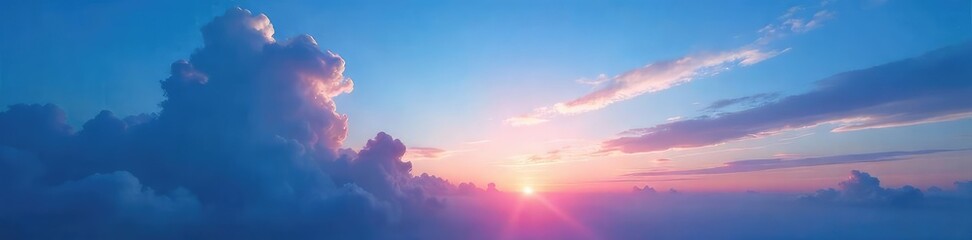 Fototapeta premium Serene twilight blue sky, soft clouds drift across the horizon as the sun dips below, casting a magical, ethereal glow Perfect for travel, serenity, and nature themes , soft, light, outdoor