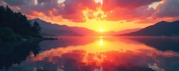 Vibrant sunrise over a tranquil lake, reflecting the calm and peaceful energy of wellness Perfect for health, yoga, and mindfulness themes , relaxation, sun, reflection