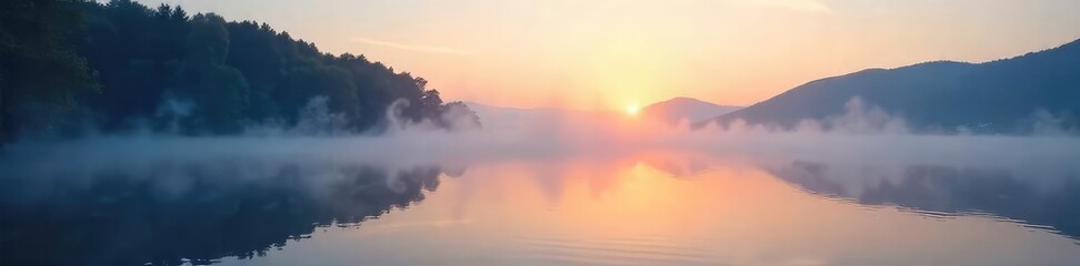 Fototapeta premium Serene waterfront scene at dawn, mist rising over calm water reflecting the soft light Ideal for travel, nature, and tranquility themes , waterfront, summer, tranquil