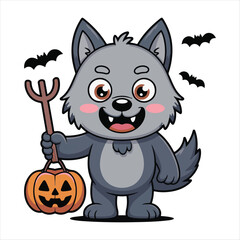 Cute Halloween Werewolf Character Holding Pumpkin Jack-o'-Lantern and Pitchfork