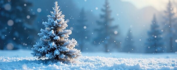 A frosted Christmas tree stands alone in a snowy landscape, its branches laden with ice crystals The cold winter air creates a serene, magical atmosphere , ice, landscape, magical