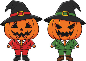Two pumpkin head characters in red and green suits with witch hats, spooky Halloween costume design, festive cartoon artwork, creepy vector illustration, cad drawing flat vector illustration
