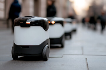 Autonomous robots navigate a bustling city street, showcasing the future of urban logistics and delivery services, blending tech with daily life.