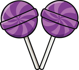 Two purple swirl lollipops crossed together, sweet candy cartoon design, playful festive artwork, colorful vector illustration, cad drawing flat vector illustration