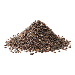 A close-up view of a heap of tiny, oval-shaped seeds with a gradient of black and light brown hues against a black background