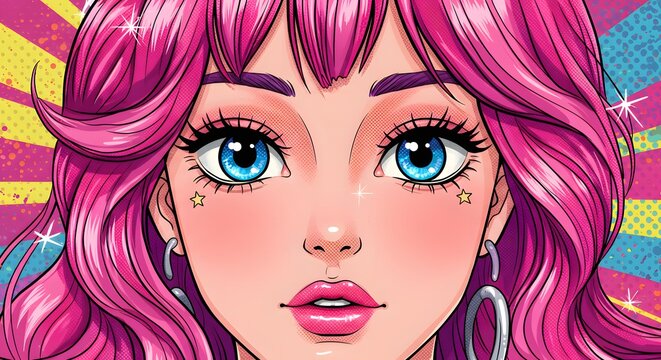 Close-up of a cartoon-style woman with vivid pink hair, large blue eyes, and a retro pop-art background