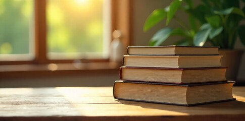 A stack of spiritual books rests on a wooden table, bathed in soft sunlight, creating a serene and peaceful atmosphere Perfect for meditation, mindfulness, and self-help themes , stillness, healthy
