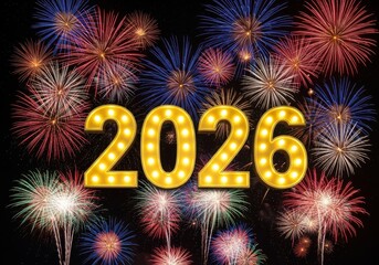 Celebrate new year's eve 2026 with vibrant fireworks display and glowing number sign