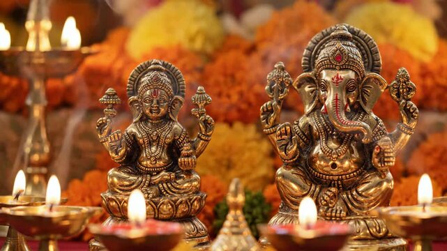 Statues of the gods Lakshmi and Ganesha, made of metal with golden luster. They are sitting in traditional poses, with attributes in their hands. In front of them are lamps with burning candles or wic
