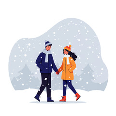 Romantic Couple Walking Hand in Hand in Snowy Winter Landscape.