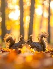 Fototapeta premium Two squirrels touch noses in a colorful autumn forest with a soft bokeh background