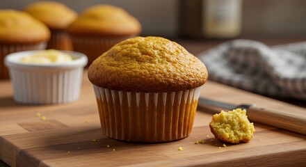 Close-up of golden cornbread muffin on wooden board with butter and knife. Others in the background