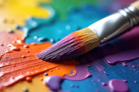 Close-up of a paintbrush laden with vibrant, thick paint The colors are richly saturated and gleam with a wet, glossy sheen, ready for artistic expression on canvas , palette, paint, supplies