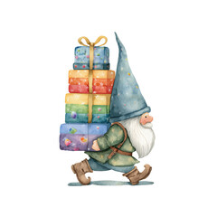 Naklejka premium Colorful gnome carrying gifts in a watercolor style during a festive season of joy and celebration