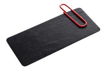 Blank black rectangular paper card with round edged and red paper clip background for office isolated on white or transparent background